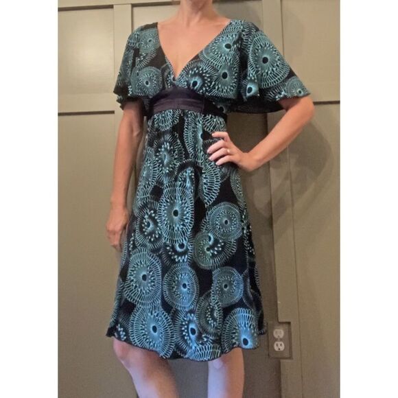 MY Michelle Y2K Deep V-Neck Flutter Sleeve Printed Dress Black & Teal Size Small - Picture 2 of 11
